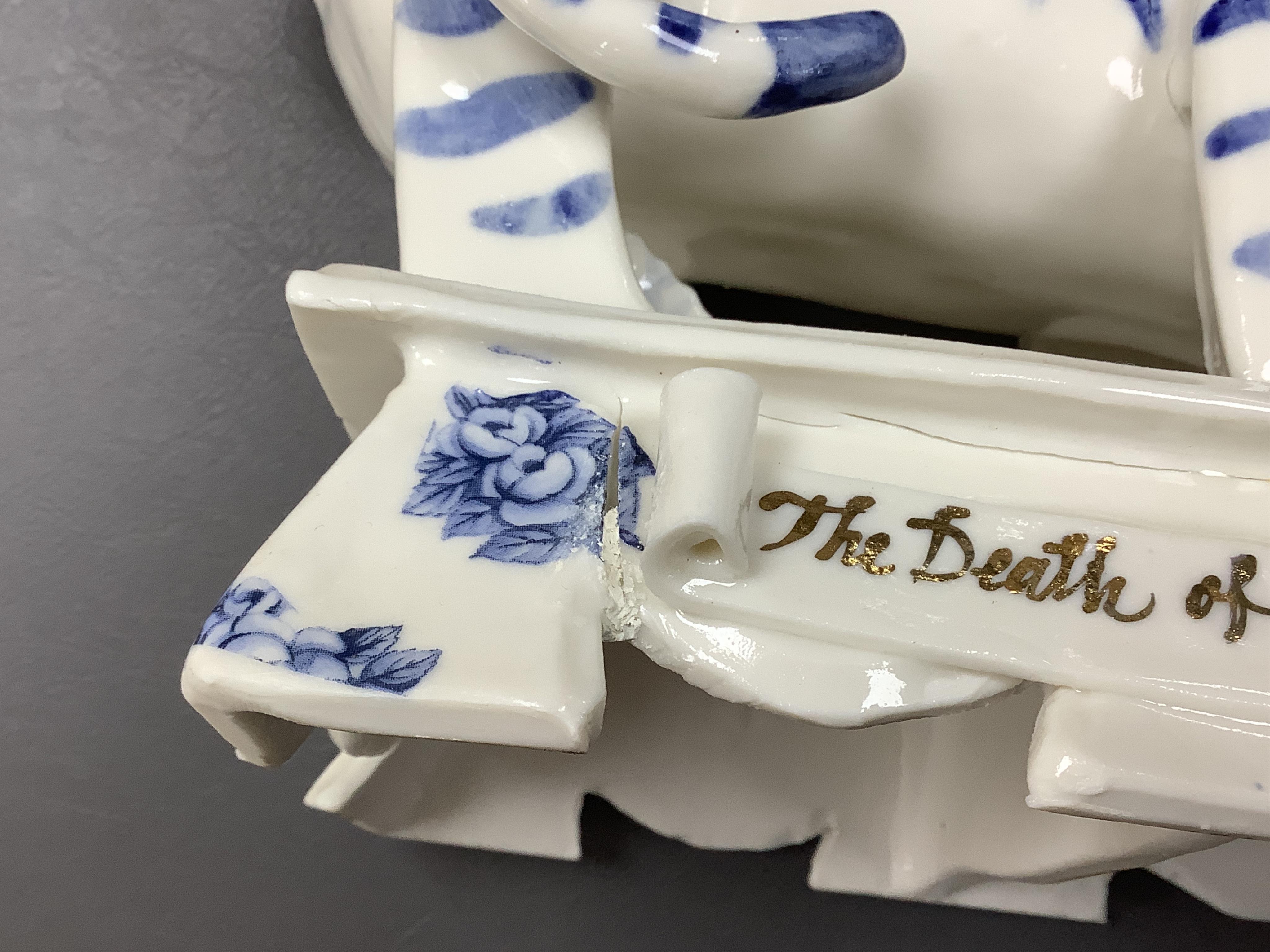 Jazmin Velasco Moore (1971-2021), ‘The Death of Munrow’, ceramic sculpture, signed and dated 2018, 23cm wide